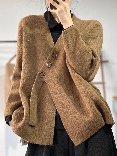 

Long Sleeve Cross Neck Plain Casual Cardigan, Coffee, Cardigans