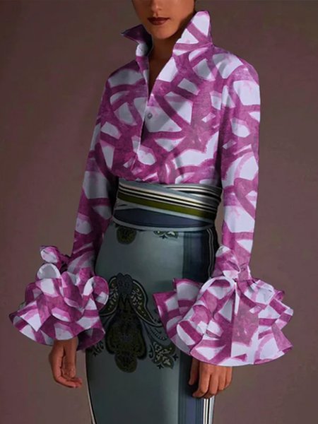 

Abstract Shirt Collar Elegant Regular Fit Blouse, As picture, Blouses and Shirts