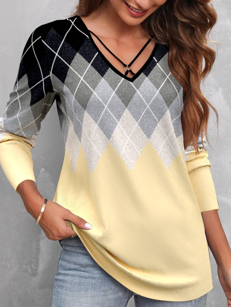 

Casual V Neck Buckle T-Shirt, Yellow, T-Shirts