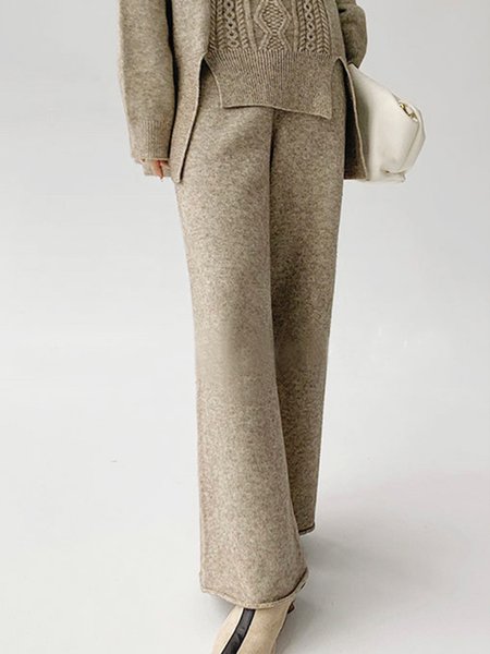 

High Waist Urban Plain Fashion Sweater Pants, Apricot, Pants