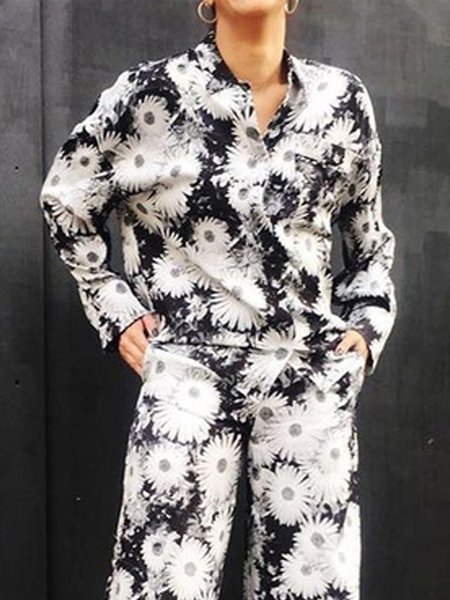 

Floral Urban Regular Fit Shirt Collar Blouse, Black-white, Blouses and Shirts