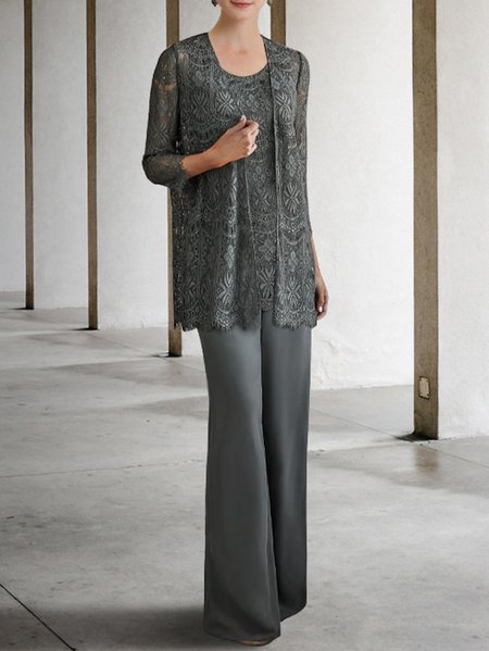 

Plain Elegant Crew Neck Matching Outfit, Gray, Suit Set