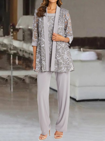 

Loose Wrap Elegant Lace Matching Outfit, Gray, Suit Set