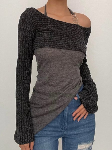 

Color Block Regular Fit Urban Boat Neck Shirt, Gray, Blouses and Shirts