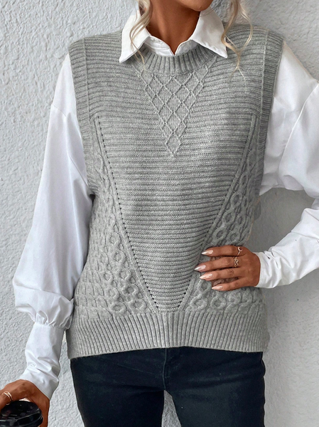 

Loose Casual Solid Cable Knit Sweater Vest Without Blouse Sweater, Gray, Sweaters