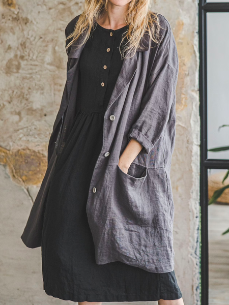 

Women’s Cotton And Linen Loose Simple Trench Coat, Deep blue, Outerwear