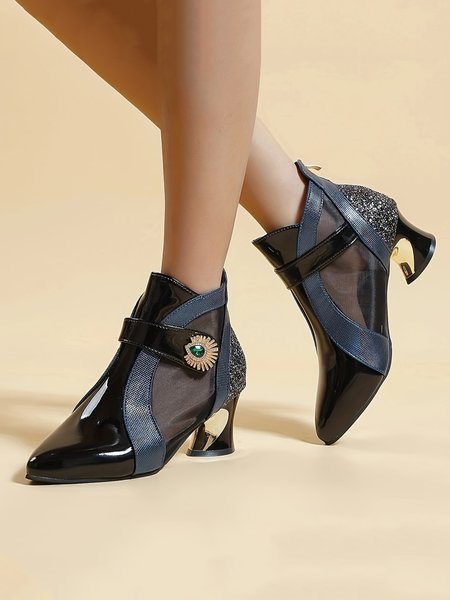 

Rhinestone Mesh Paneled Color Block Spool Heel Dress Boots, Blue, Boots
