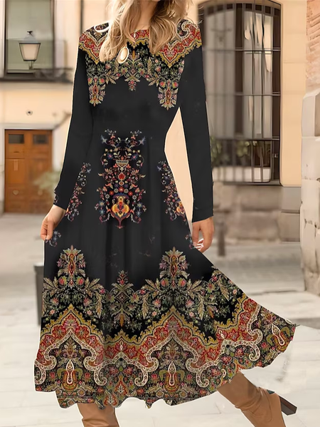 

Loose Ethnic Crew Neck Casual Dress With No, Black, Dresses