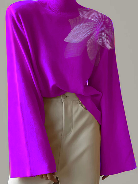 

Loose High Elasticity Half Turtleneck Long Sleeve Urban Floral Sweater, Purple, Pullovers