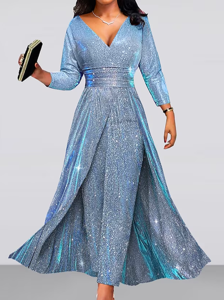 

Plain Regular Fit V Neck Elegant Dress With No, Blue, Party Dresses