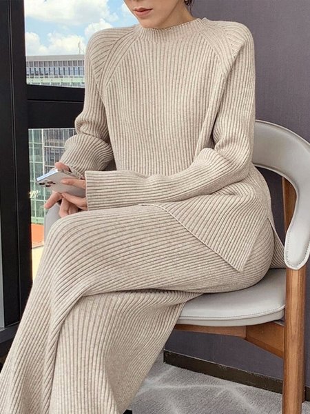 

Long Sleeve Casual Crew Neck Loose Sweater, Ivory, Pullovers