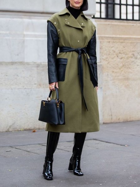 

Shawl Collar Pu Urban Loose Coat, Green, Coats