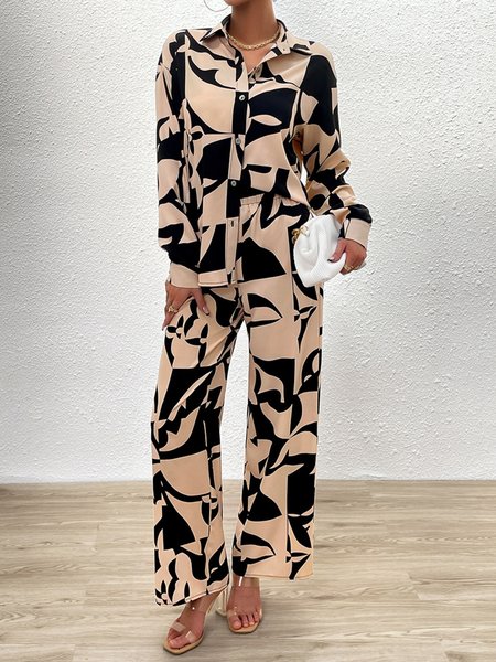 

Abstract Casual Shirt Collar Two-Piece Set, Apricot, Suit Set