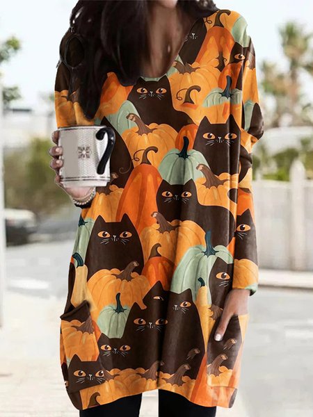 

V Neck Halloween Loose Casual Dress With No, Orange, Dresses