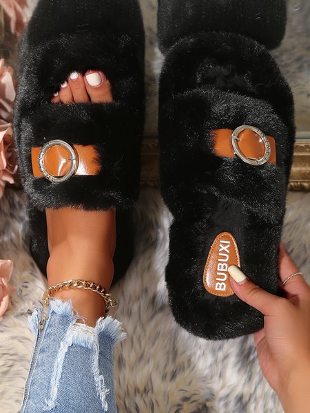 

Casual Color Block Buckle Comfy Fluffy Slippers, Black, Slippers