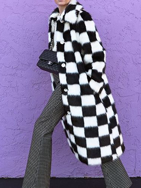 

Loose Shawl Collar Long Sleeve Urban Teddy Mid-long Jacket, Black-white, Coats