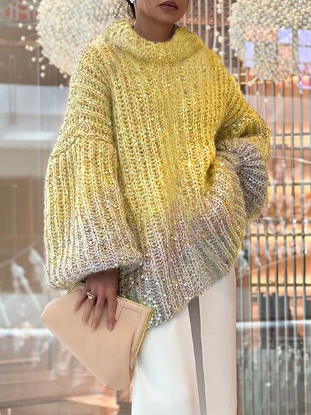 

Stand Collar Glitter Ombre Urban Loose Sweater, Yellow, Pullovers