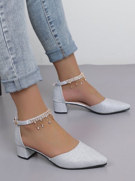 

Elegant Rhinestone Decor Ankle Strap Glitter Block Heel Hollow Shoes, Silver, Flats