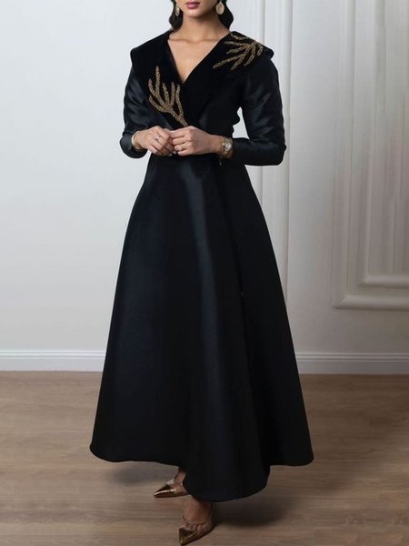 

Shawl Collar Plain Elegant Regular Fit Dress, Black, Maxi Dresses