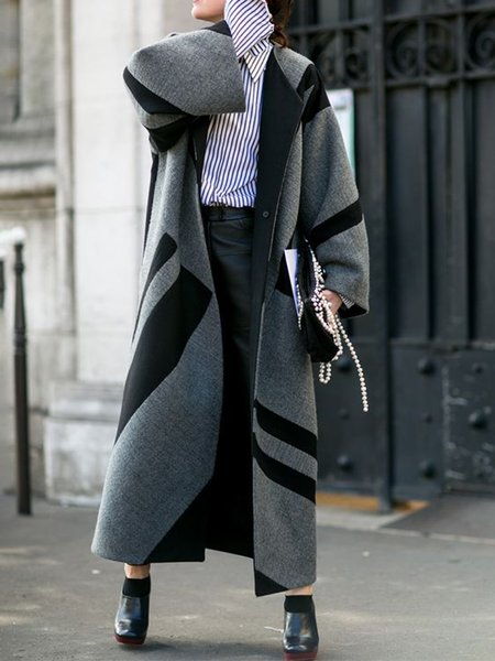 

Geometric Crew Neck Loose Urban Coat, Gray, Coats