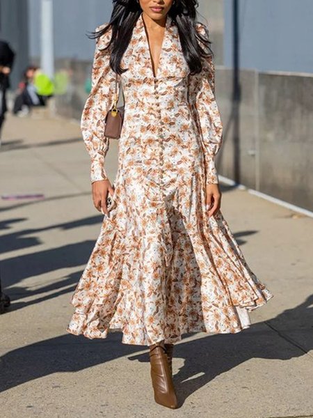 

Urban V Neck Floral Regular Fit Dress, Light orange, Maxi Dresses