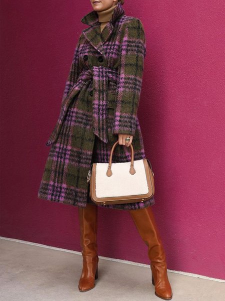 

Plaid Regular Fit Urban Lapel Collar Coat With Belt, As picture, Coats