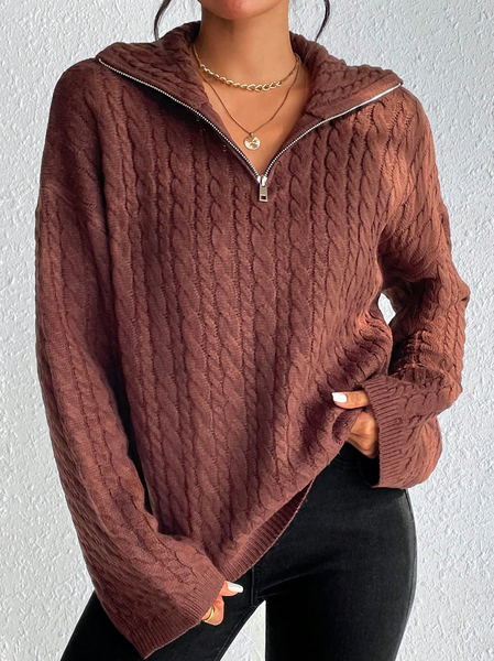 

Loose Casual Plain V Neck Half Zip Drop Shoulder Cable Knit Sweater, Brown, Sweaters