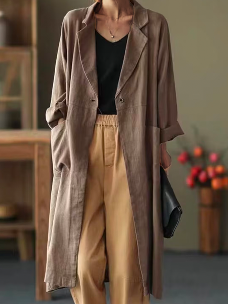 

Women’s Casual Shirt Collar Cotton-Blend Trench Coat, Brown, Outerwear