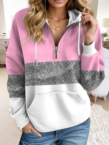 

Colorblock Hoodie Casual Loose Sweatshirt, Pink, Sweatshirts & Hoodies