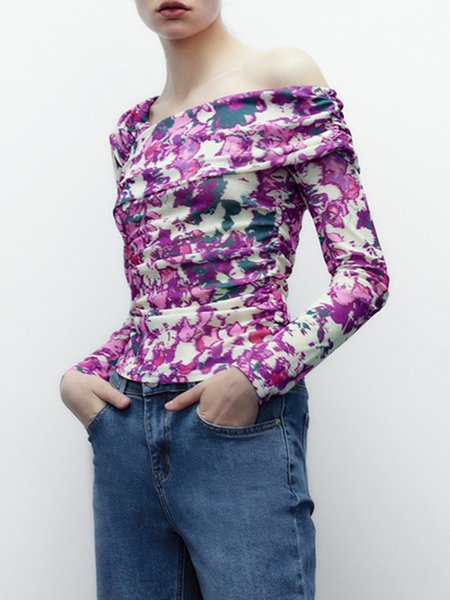 

Long Sleeve Floral Tight Elegant T-Shirt, Purple, Tees