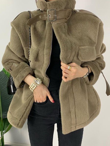 

Urban Stand Collar Plain Long Sleeve Teddy Jacket, As picture, Teddy Jackets