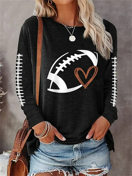 

Casual Baseball Game Round Neck Knitted T-Shirt, Black, Long sleeves