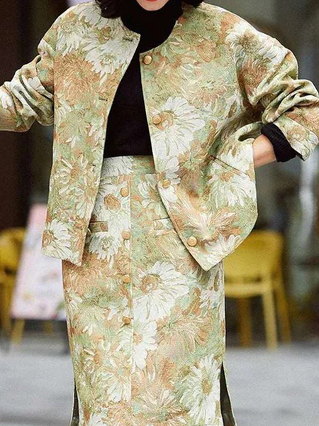 

Loose Floral Elegant Crew Neck Long Sleeve Jacket, As picture, Jackets