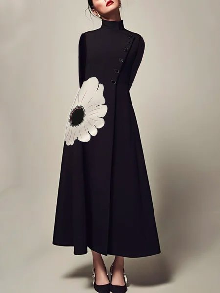 

Floral Elegant Turtleneck Regular Fit Coat, Black-white, Coats