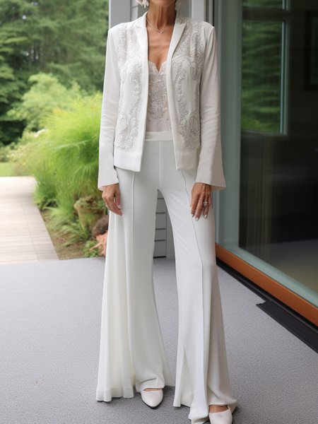 

Elegant Lapel Collar Matching Outfit, White, Suit Set