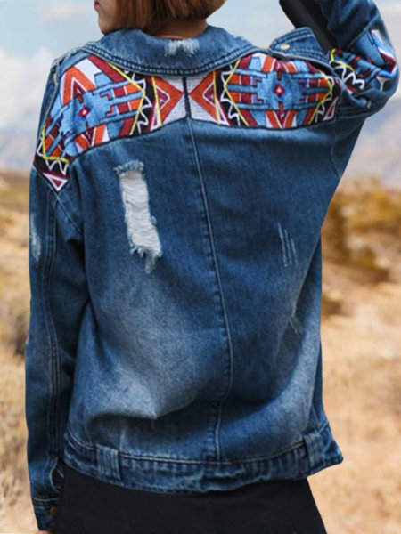 

Ethnic Boho Embroidery Zipper Ripped Long Sleeve Buckle Pockets Denim Jacket, Denim blue, Jackets