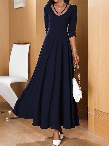 

V Neck Elegant Regular Fit Plain Dress, Navy blue, Party Dresses