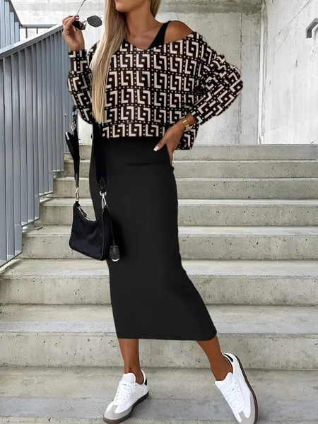 

Geometric Casual Two-Piece Set, Brown, Suit Set