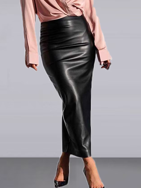 

Elegant Pu Plain Regular Fit Skirt, Black, Skirts