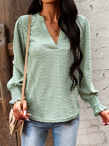 

Casual Geometric Loose V Neck Solid V Neck Flounce Sleeve Shirt, Green, Shirts & Blouses