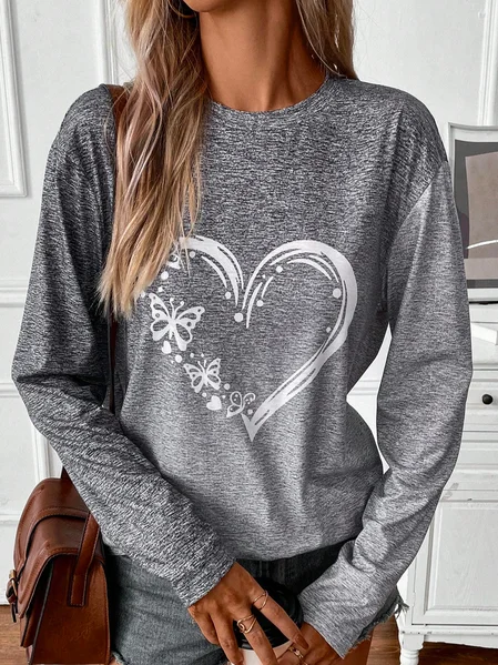 

Jersey Casual Heart/Cordate Loose Heart Print Drop Shoulder T-Shirt, Gray, T-Shirts