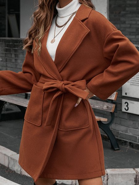

Pocket Stitching Lapel Collar Loose Casual Trench Coat With Belt, Caramel, Trench Coats