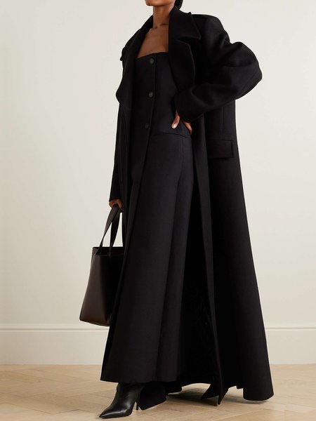

Double Breasted Plain Urban Lapel Collar Long Sleeve Coat, Black, Coats