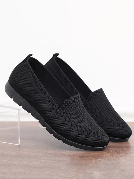 

Women Casual Ribbed Fly-knit Fabric Slip On Shoes, Black, Flats