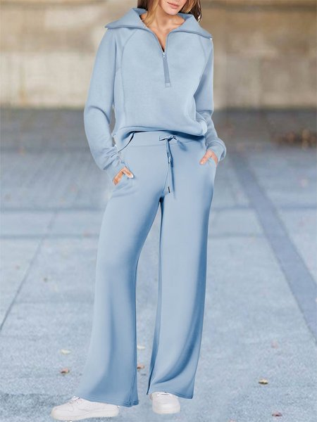 

Half Open Collar Loose Casual Plain Two-Piece Set, Sky blue, Suit Set