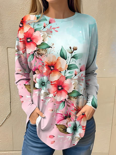 

Floral Casual Loose T-Shirt, Pink, T-Shirts
