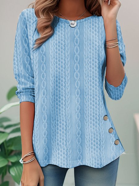 

Casual Loose Crew Neck Texture T-Shirt, Blue, Long sleeves