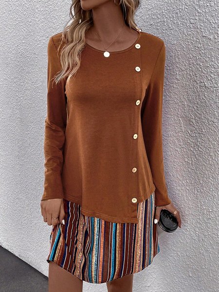 

Casual Buckle Knitted Crew Neck Dress With No Belt, Brown, Dresses