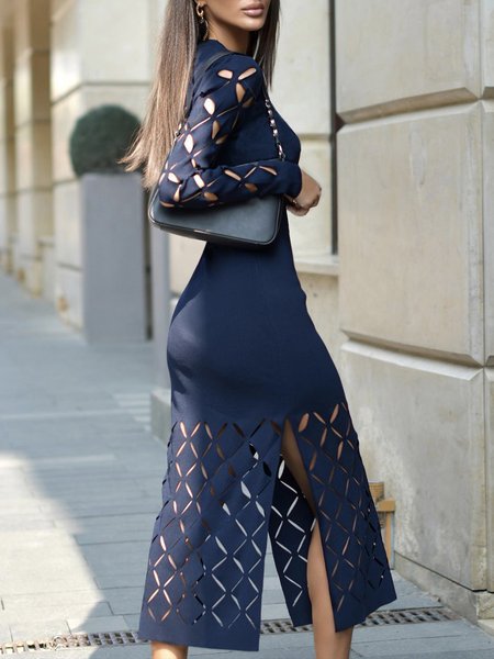 

Long Sleeve Elegant Plain Tight Crew Neck Dress, Black, Midi Dresses
