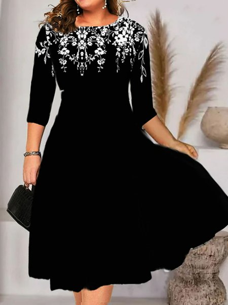 

Plus Size Crew Neck Loose Casual Floral Dress, Black, Dresses